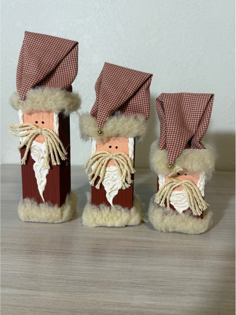 Set of 3 Handmade Wooden Santa Claus Figurines with Fabric Hats